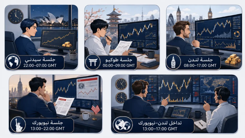رسم توضيحي لجلسات تداول الذهب الشائعة حسب المنطقة الزمنية وساعات التداول لدى Vantage Markets