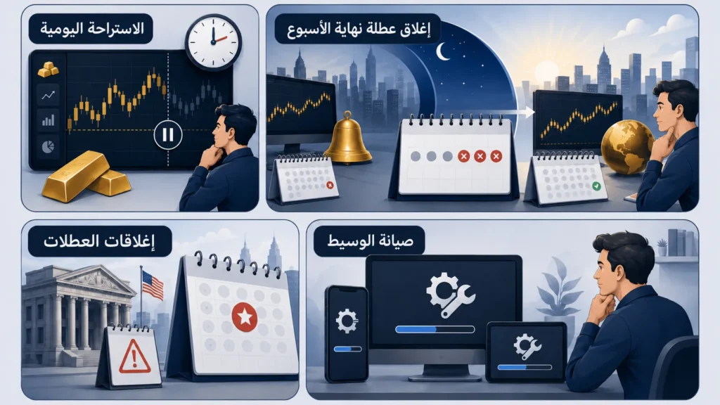 رسم بياني يوضح أوقات إغلاق سوق الذهب العالمي وفقاً لساعات التداول الدولية الرئيسية – Vantage Markets