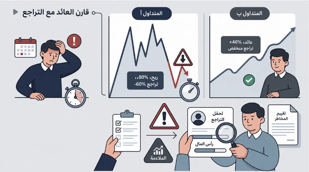 رسم إنفوجرافيك يقارن العوائد بالتراجع لتحسين نتائج نسخ التداول مع Vantage Markets