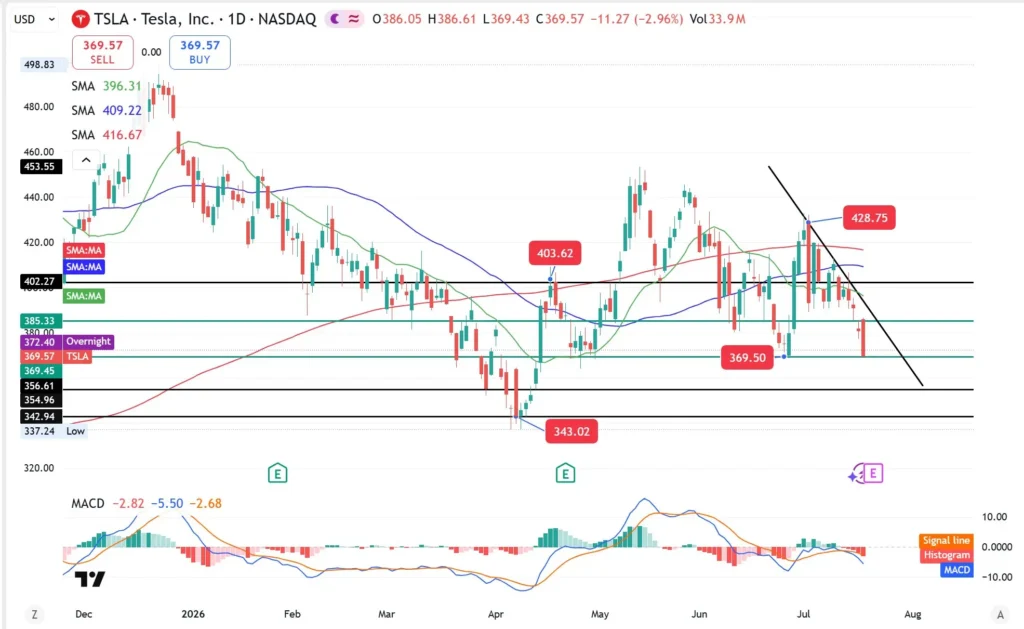 Daily TSLA stock chart showing candlesticks, several moving averages, a downward trendline, and labeled support/resistance levels with MACD below.