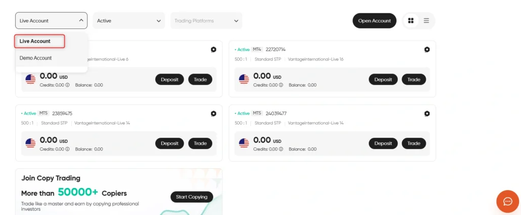 From the drop down select Demo Account or Live Account