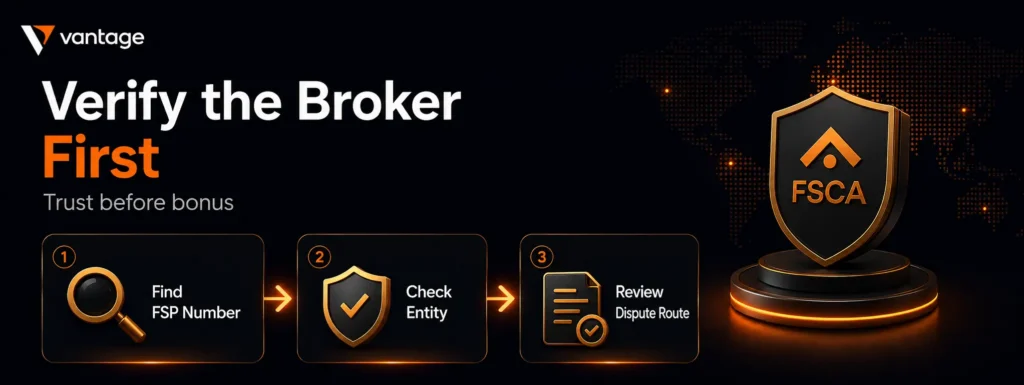 Banner promotes broker verification: three steps—Find FSP Number, Check Entity, Review Dispute Route—FSCA shield on the right.