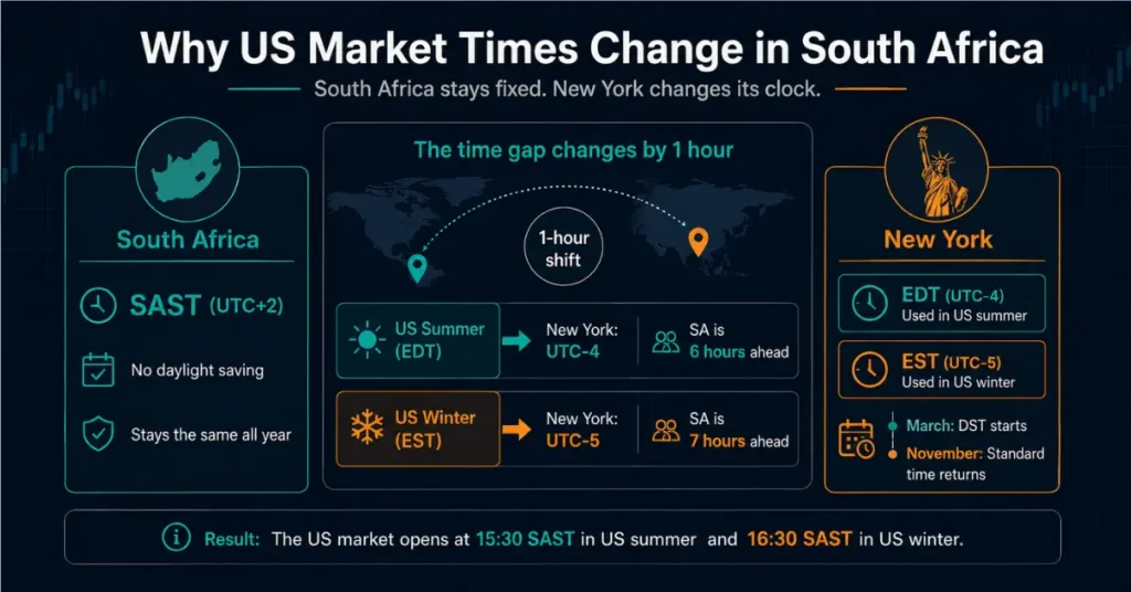 Why US market times change in South Africa