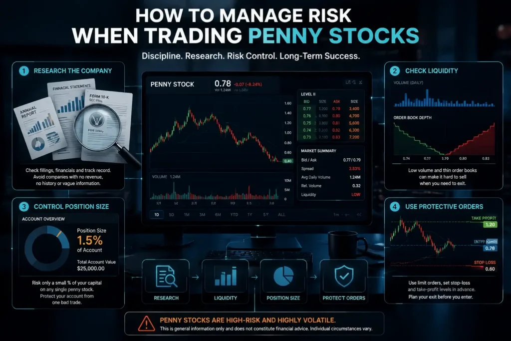 Infographic on managing penny stock trading risk through company research, liquidity checks, position sizing, and protective orders.