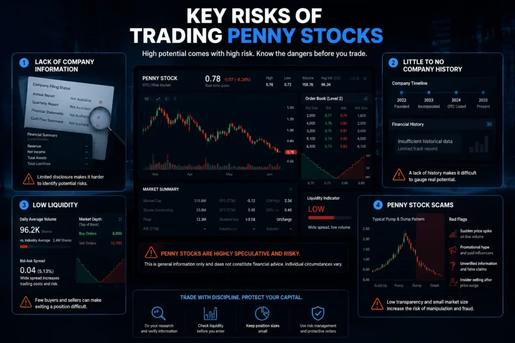 Infographic showing the key risks of trading penny stocks, including limited company information, low liquidity, short trading history, and scams.