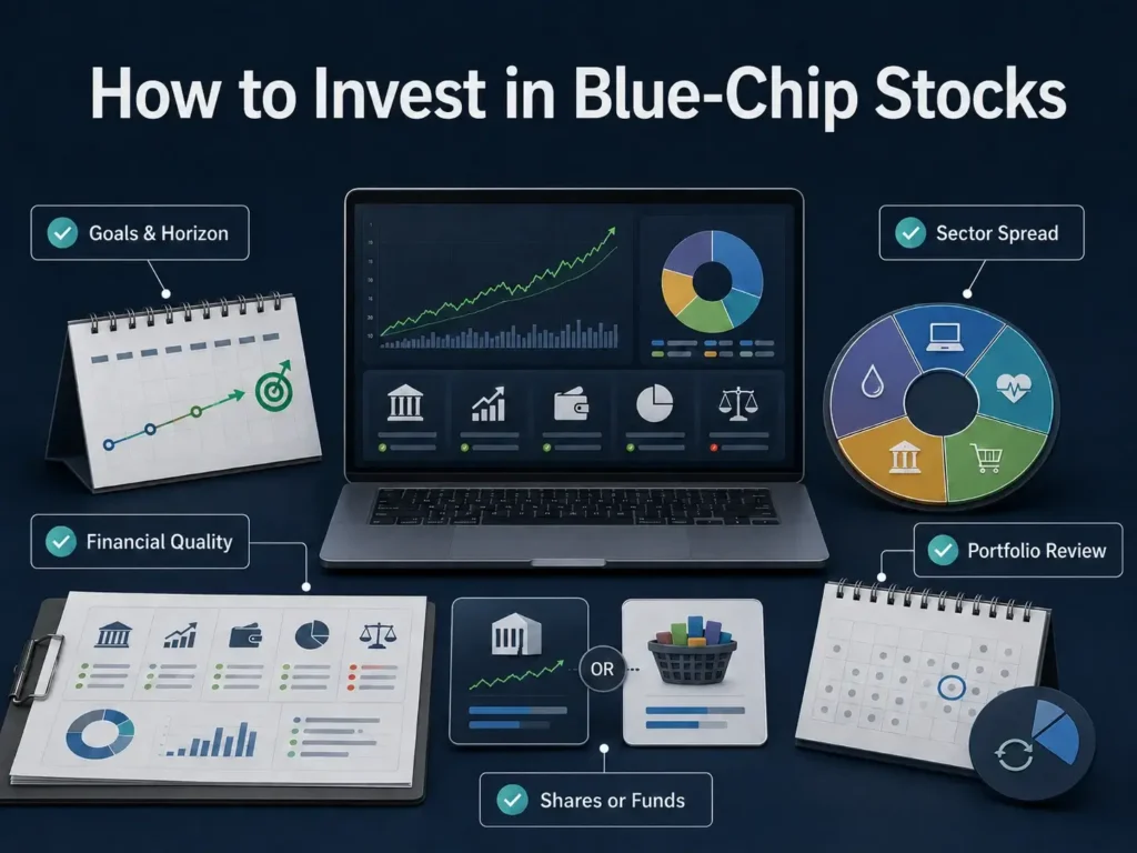 Infographic showing key considerations for blue-chip stock investing, including goals, financial quality, sector spread, shares or funds, and portfolio review.