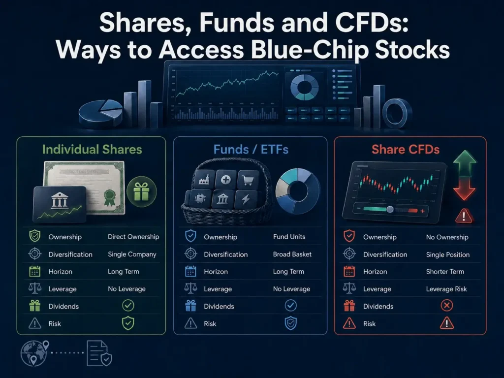 Infographic comparing individual shares, funds/ETFs, and share CFDs as ways to access blue-chip stocks.