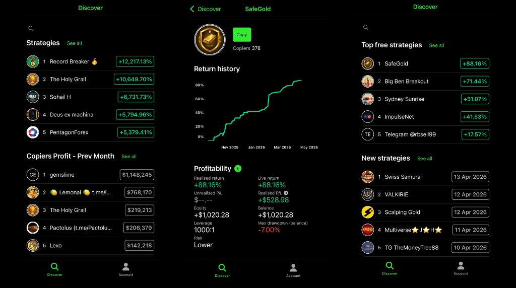 screenshots of IC Markets' copy trading app