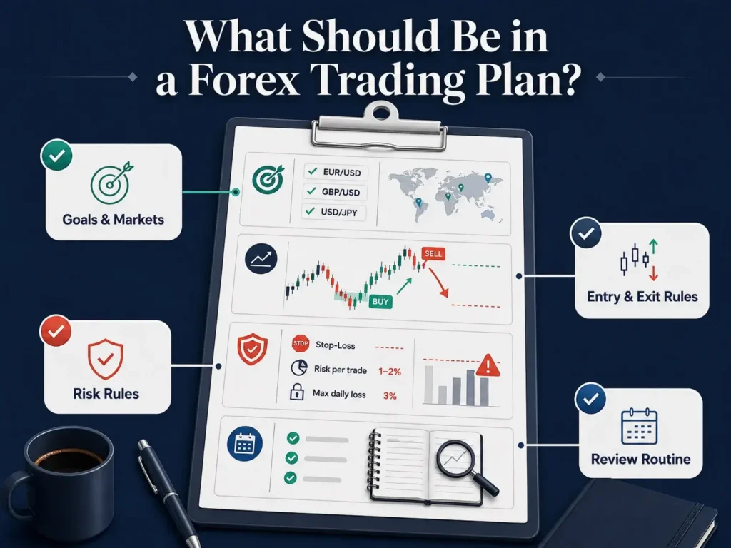 Infographic showing the key components of a forex trading plan, including goals and markets, entry and exit rules, risk rules, and a review routine.