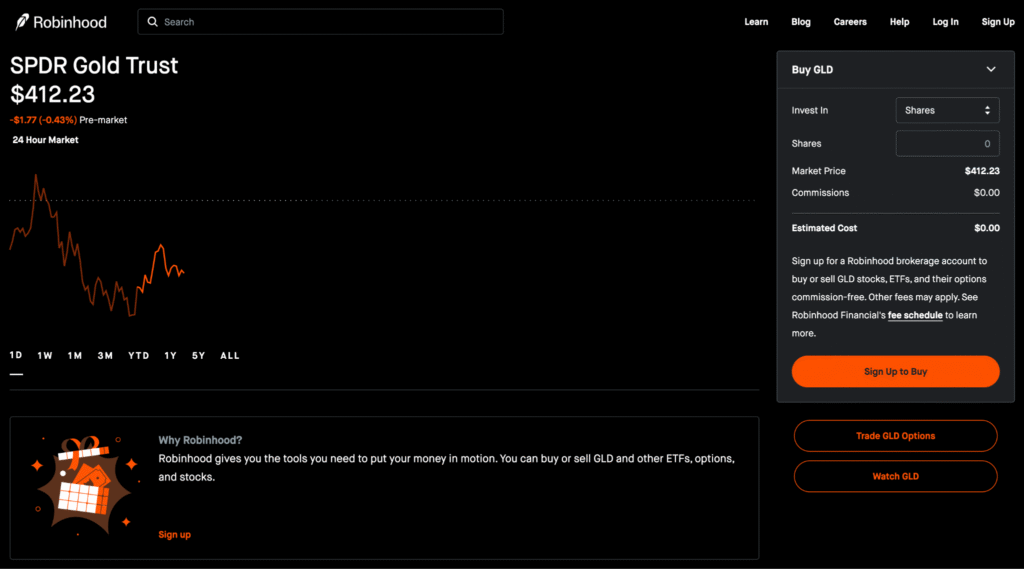 screenshot of SPDR gold price movements on Robinhood platform