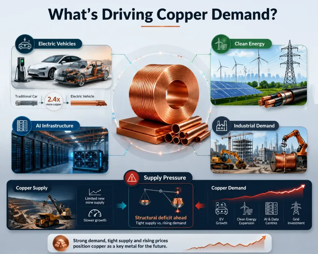Infographic showing copper demand driven by electric vehicles, clean energy, AI infrastructure, and industrial activity, alongside limited mine supply and the risk of a structural deficit.