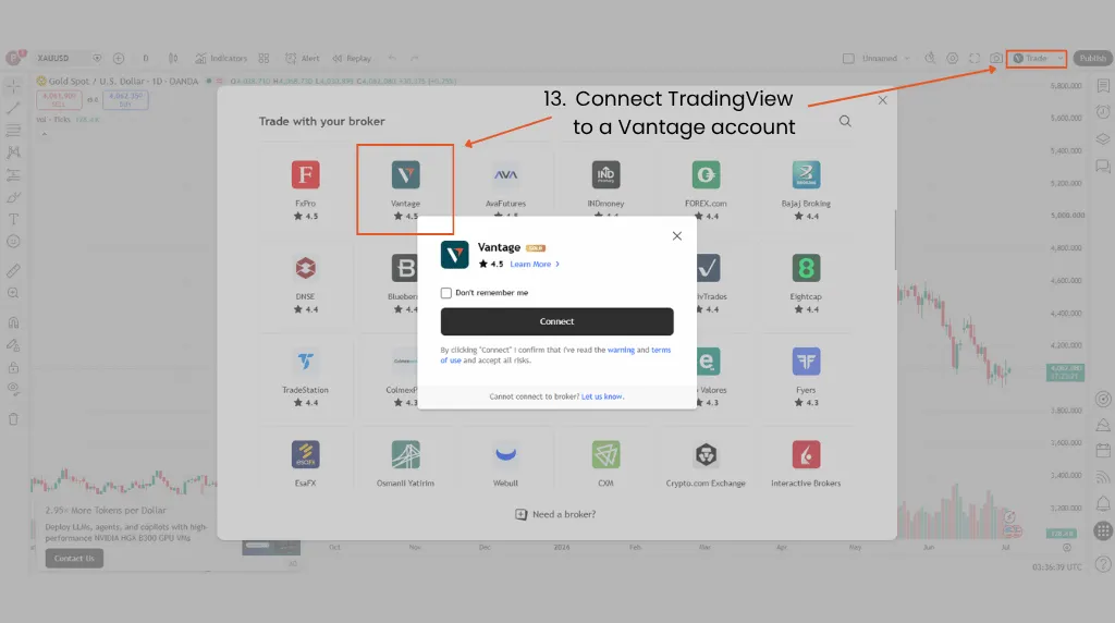 how to trade gold in tradingview step 13 connect tradingview to a vantage account for gold on TradingView