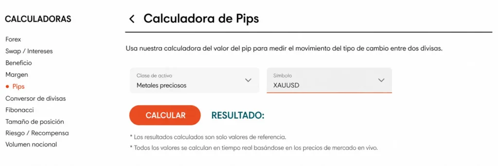 ES_ Vantage pip calculator with Precious metals selected as the asset class and XAUUSD selected as the symbol
