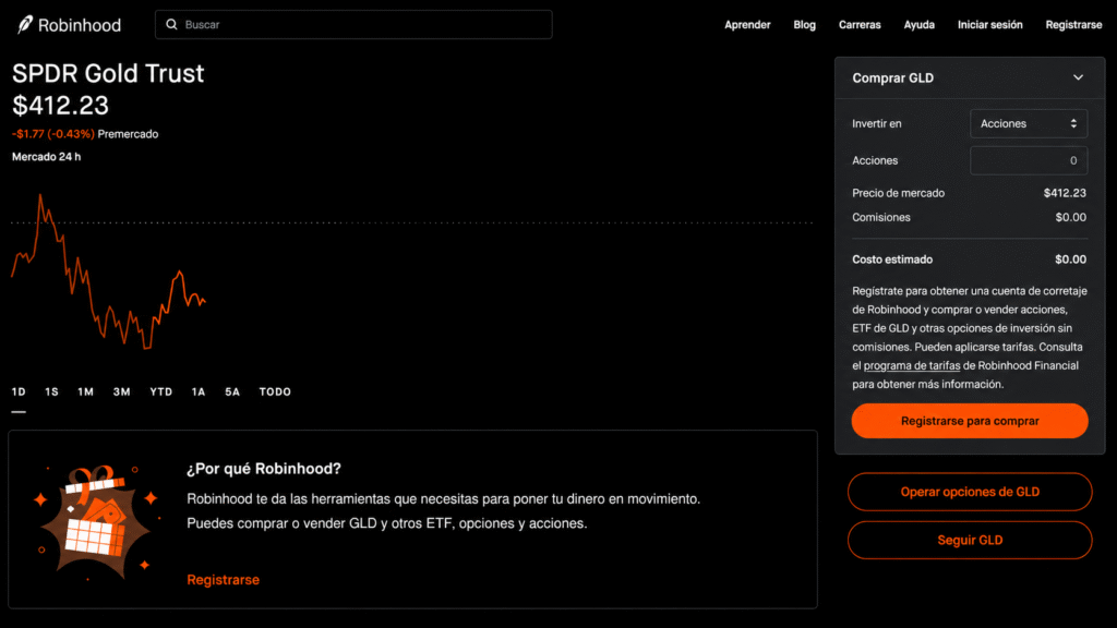 screenshot of SPDR gold price movements on Robinhood platform