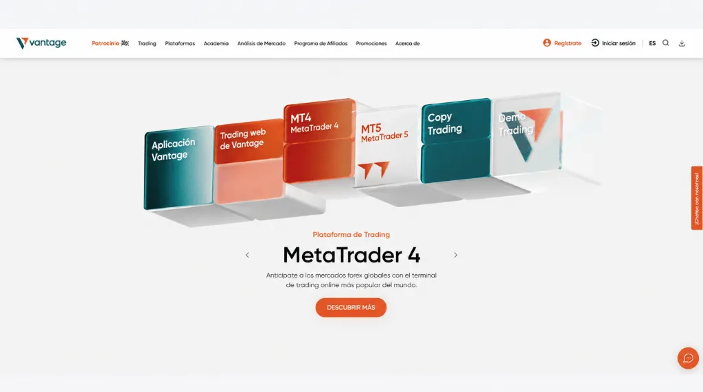 Captura de pantalla del sitio web de Vantage Markets sobre las mejores plataformas de day trading.