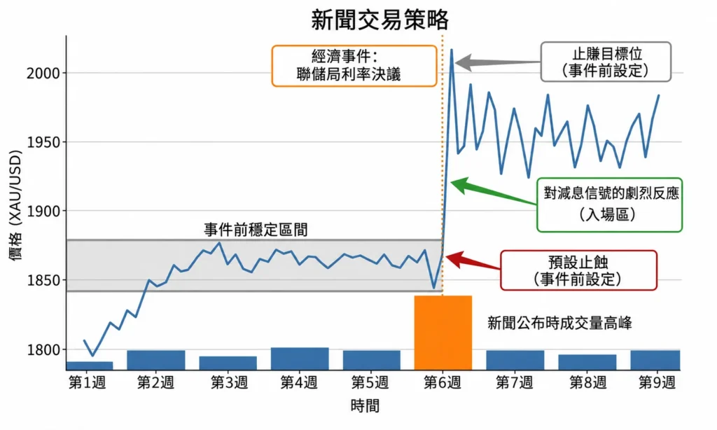 新聞交易策略圖:顯示黃金價格(XAU/USD)在事件前後的變動,包含穩定區間、入場區、停損與止盈目標的標註。