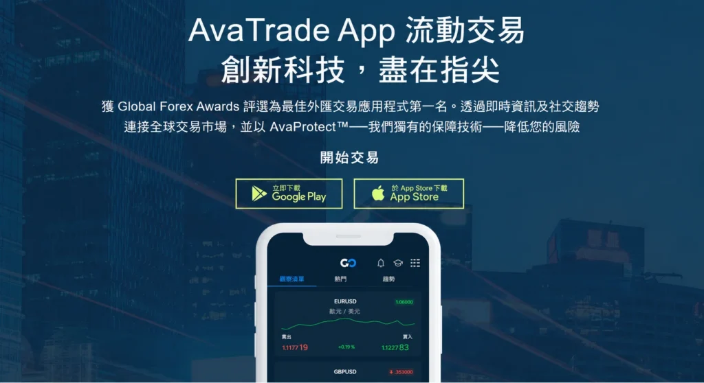 AvaTrade App promo banner in Chinese with Google Play and App Store download buttons and a smartphone displaying a trading dashboard on a blue background