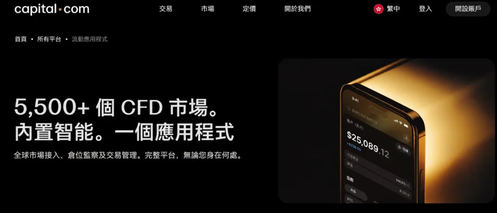 黑色背景的英雄圖,左側為中文廣告文字「5,500+ 個 CFD 市場。內置智能。」,右側是金色手機展示交易介面。常見於宣傳頁。