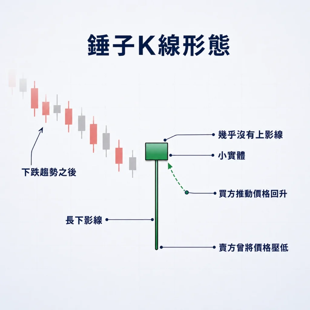 綠色錘子K線形態:長下影線、短實體,顯示下跌後回升,說明價格受買方支持。左側有下跌趨勢的背景。
