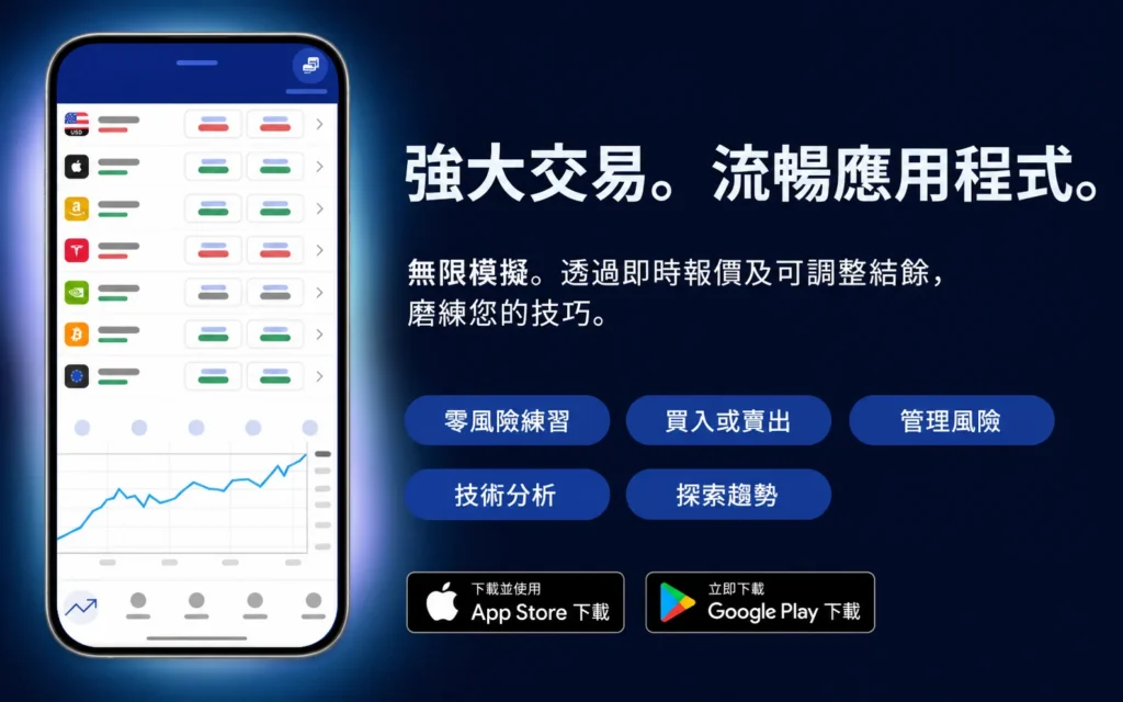 Promo banner with a smartphone displaying a financial app dashboard on the left, Chinese headline and five blue rounded call‑to‑action buttons on a dark blue background.