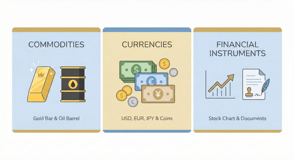 ประเภทสินทรัพย์ในการเทรด ได้แก่ Commodities Currencies และ Financial Instruments