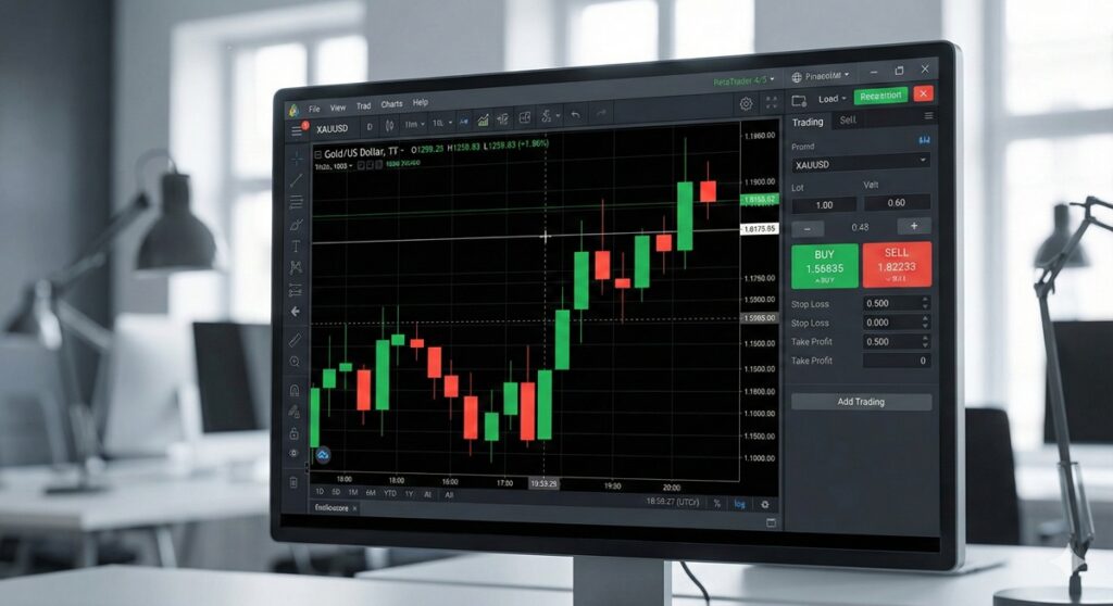 แพลตฟอร์มเทรดทองคำ แสดงกราฟ XAUUSD และปุ่ม Buy Sell