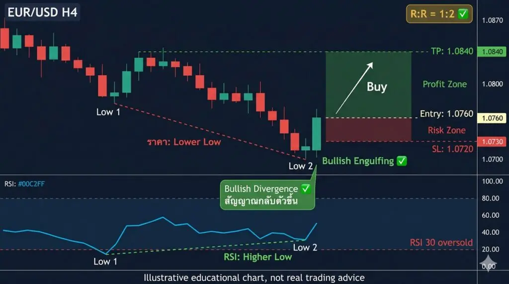 EUR/USD H4 chart showing a bullish setup with Buy zone, entry at 1.0760, potential TP 1.0840 and SL around 1.0720; Bullish engulfing signal noted.