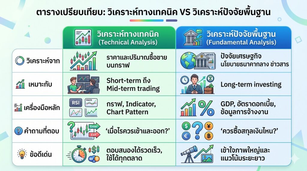 ตารางเปรียบเทียบ Technical Analysis vs Fundamental Analysis สำหรับนักเทรด Forex