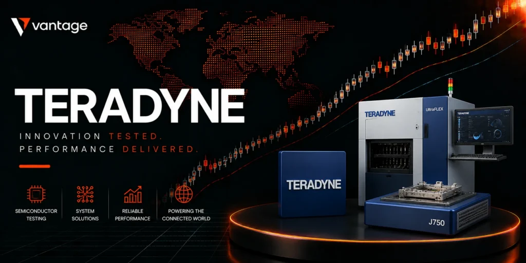 Teradyne promotional banner showing a world map, rising chart, and a blue Teradyne test system with a monitor displaying data on a circular platform