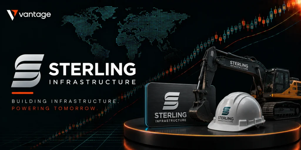 Sterling Infrastructure branding with excavator, hard hat, and a world map backdrop on a dark, tech-inspired background.