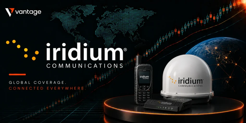 Promotional banner for Iridium Communications featuring a handheld satellite phone, a white dome antenna, and a router on a glowing podium with a world map background and the Vantage logo.
