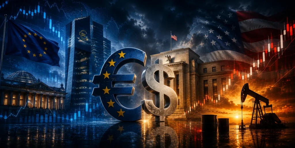 Global finance montage showing Euro and Dollar symbols with EU flag, US flag, and financial charts amid government buildings and oil pump imagery, symbolizing geopolitical economics.