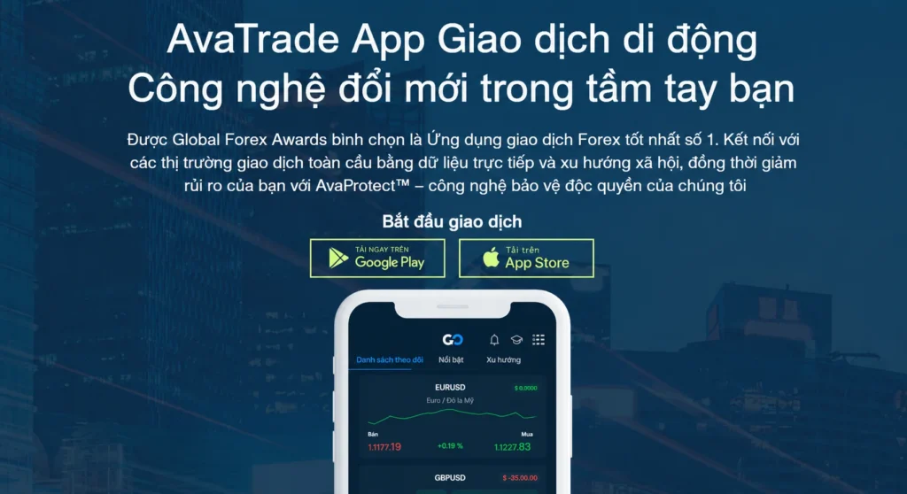 Vietnamese banner promoting AvaTrade mobile trading app with Google Play and App Store buttons, over a blue cityscape background, and a smartphone showing a trading screen.