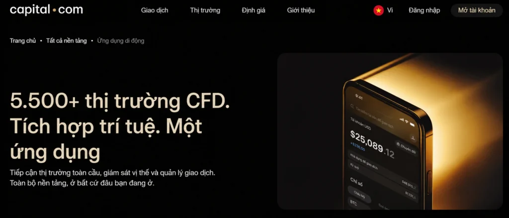 Hero banner with Vietnamese headline on a black background and a rounded phone displaying a trading app on the right.