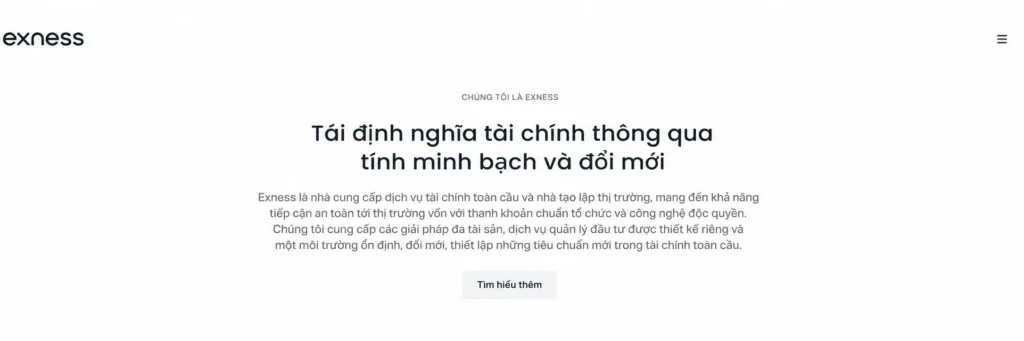 Exness hero: Vietnamese headline about redefining finance with transparency and innovation, with description and a 'Tìm hiểu thêm' button.