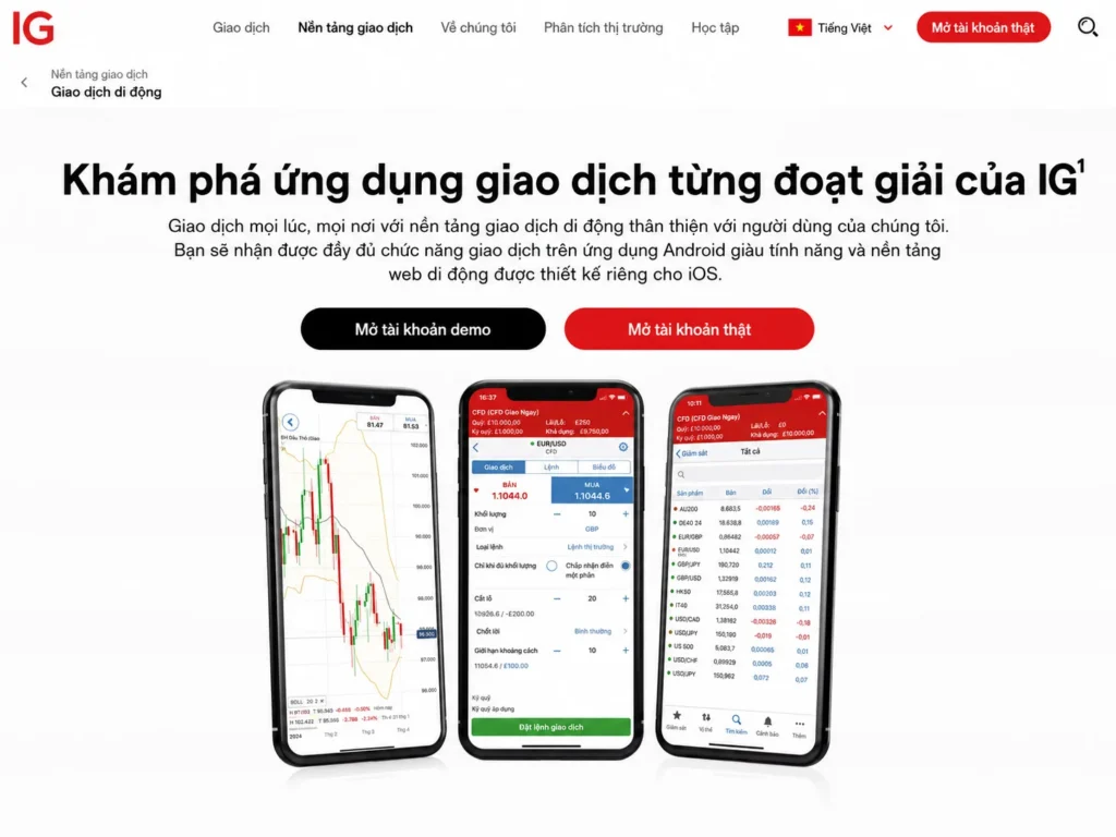 Tiêu đề tiếng Việt quảng bá ứng dụng giao dịch IG với ba điện thoại hiển thị giao diện giao dịch và hai nút Mở tài khoản.