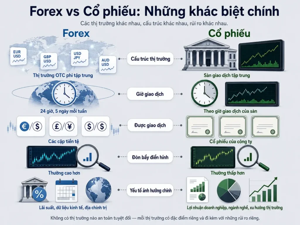 Đồ họa thông tin so sánh forex và cổ phiếu qua 5 điểm khác biệt chính: cấu trúc thị trường, thời gian giao dịch, công cụ được giao dịch, mức đòn bẩy phổ biến, và các yếu tố chính ảnh hưởng đến giá.
Forex được thể hiện là thị trường phi tập trung OTC, nơi các cặp tiền tệ được giao dịch 24 giờ mỗi ngày, 5 ngày mỗi tuần. Thị trường này thường có mức đòn bẩy cao hơn và chịu tác động chính từ lãi suất, dữ liệu kinh tế, và yếu tố địa chính trị.
Cổ phiếu được thể hiện là cổ phần của các công ty, được giao dịch trên sàn giao dịch tập trung trong khung giờ hoạt động của từng sàn. Thị trường này thường có mức đòn bẩy thấp hơn, với các yếu tố ảnh hưởng đến giá bao gồm kết quả kinh doanh, diễn biến ngành, và xu hướng thị trường chung.