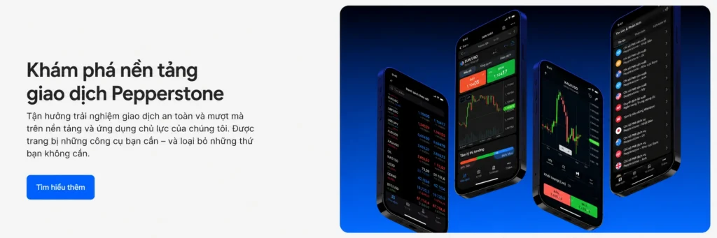 Hero section: Vietnamese Pepperstone trading platform headline with a 'Tìm hiểu thêm' button and three angled smartphones displaying trading charts on a blue gradient background.
