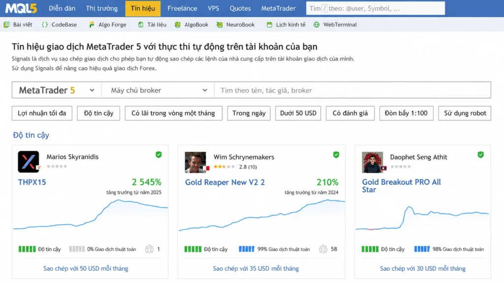 Trang tín hiệu MetaTrader 5 trên MQL5 cho sao chép giao dịch từ các nhà cung cấp với biểu đồ hiệu suất nhìn thấy ở dưới cùng trang Cháy掉 tông màu xanh trên các thẻ tín hiệu và tỉ lệ tin cậy cao, ba ví dụ được hiển thị gần nhau.