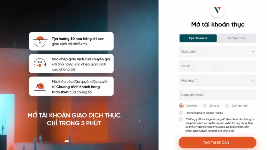 Split-screen landing page: left shows three rounded white feature cards about trading benefits; right shows 'Mở tài khoản thực' signup form with fields and orange button.