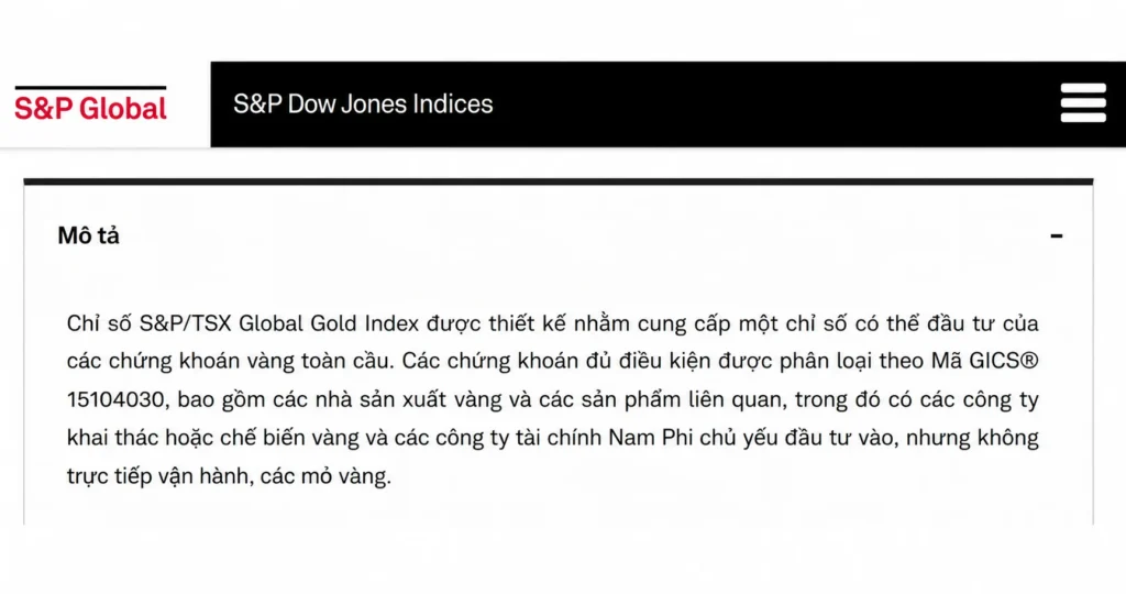 Trang mô tả bằng tiếng Việt về chỉ số S&P/TSX Global Gold Index trên trang S&P Dow Jones Indices.