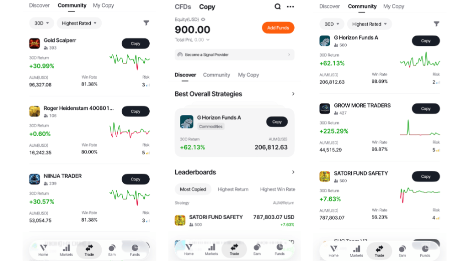 mobile screens of Vantage copy trading dashboard and Signal Providers in Vantage App