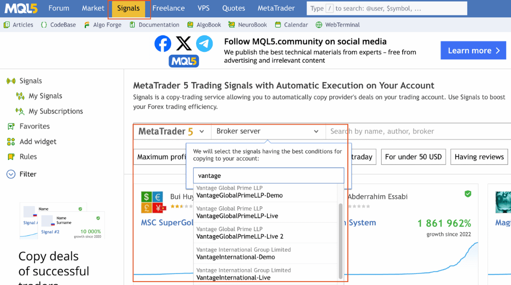 how to browse signal providers for copy trading with metatrader 4 and 5 vantage markets