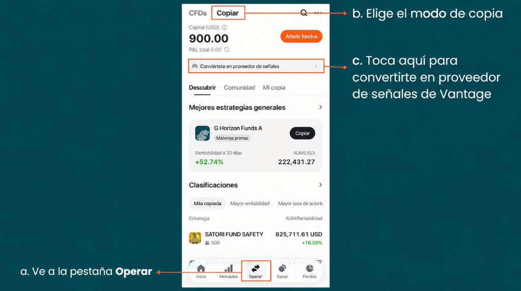 mobile screen showing how to become signal provider on Vantage
