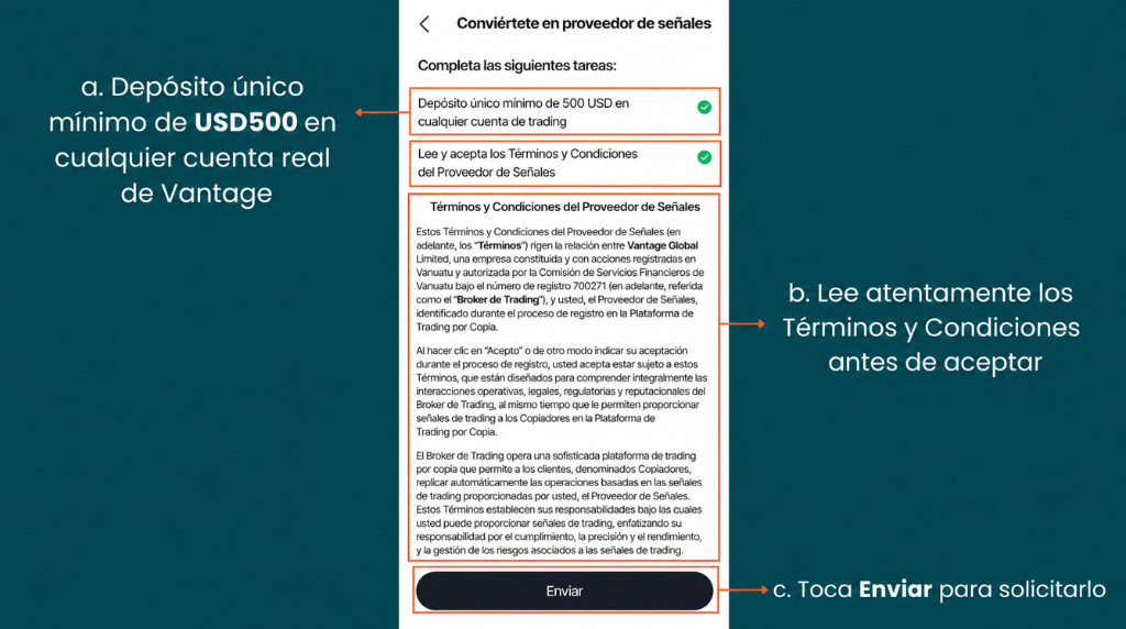 mobile screen showing terms and conditions to become Vantage signal provider