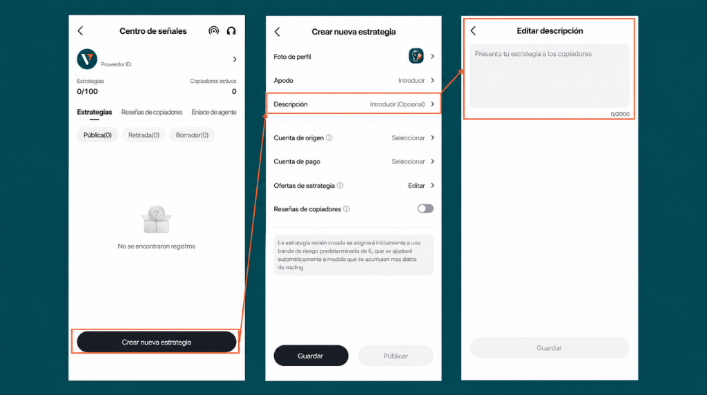 mobile screens show how to create new strategy for Vantage Signal Provider