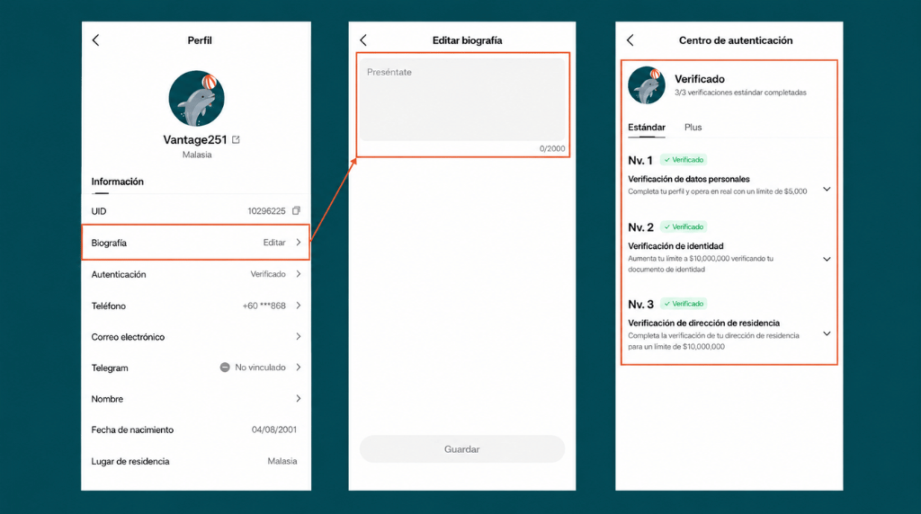 mobile screens to complete Vantage Signal Provider profile and verification 