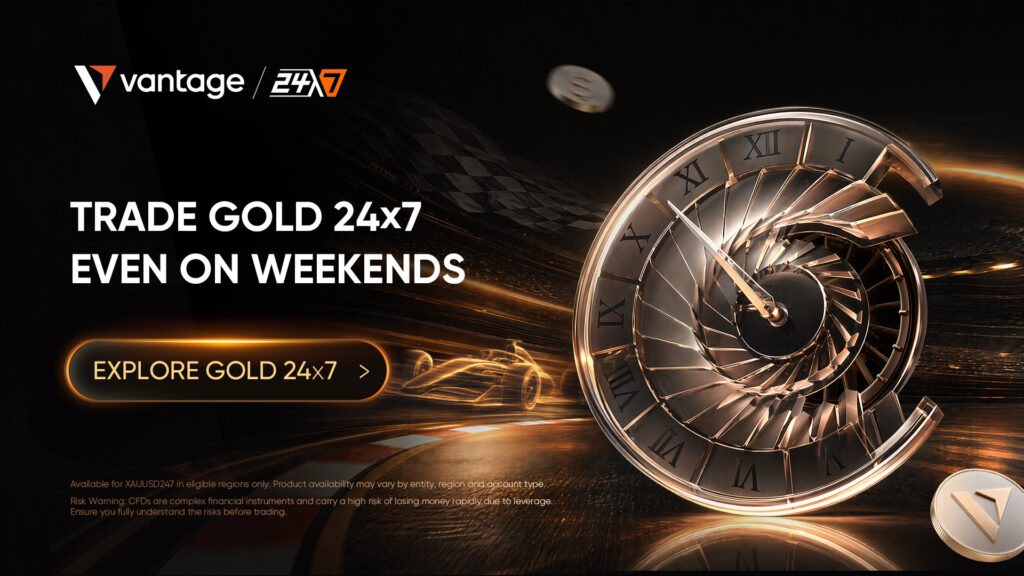 Advertisement banner for Vantage 24x7 gold trading, featuring a spiraling metallic clock gear and the slogan 'Trade Gold 24x7 Even on Weekends'.
