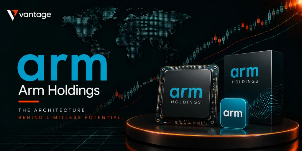 ARM Holdings branding with large blue 'arm' text, world map backdrop, and computer chip and box on a circular illuminated platform; tagline 'The architecture behind limitless potential' visible.